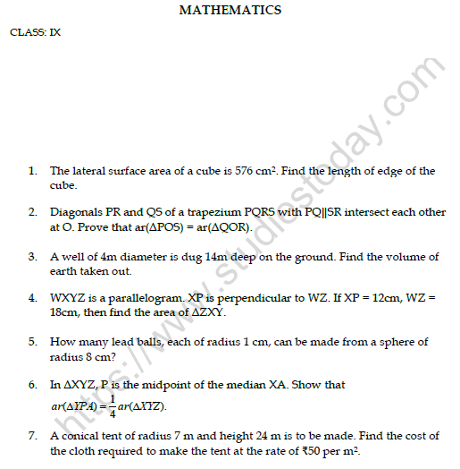 CBSE Class 9 Mathematics Worksheet Set C Solved